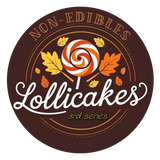 a circular logo with the text "Non-Edibles" at the top and "Lollicakes" in the center, surrounded by autumn leaves.
