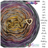 Mosaicake 6 ply stone, violet, khaki; gold, mud, cognac, lupine, medium grey; kurkuma, mocha, brick, thistle, anthracite; curry, brown, blackberry, purple, black