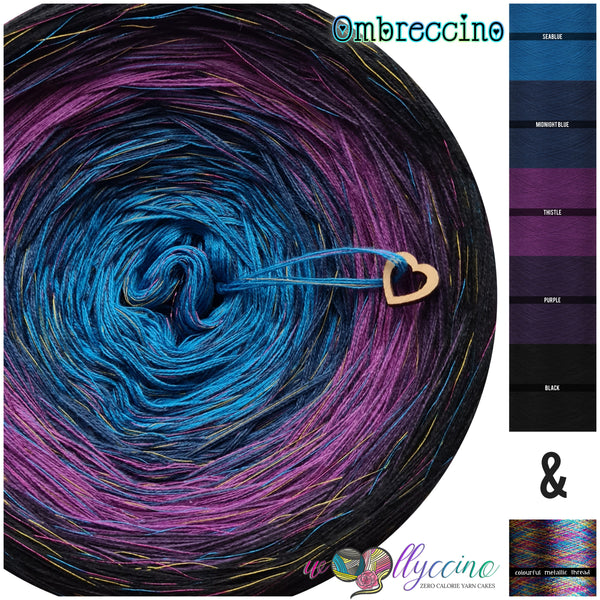 Ombreccino seablue, midnight blue, thistle, purple, black & rainbow metallic thread
