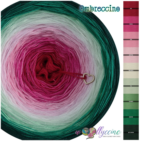 Ombreccino red, fuchsia, pink, baby pink, wool white, pea, cucumber, absinthe, bottle green