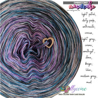 Mosaicake Mini 6 ply light petrol,
dirty pink, anthracite; crocus, light grey, creme; amethyst, stone, beige; lilac, medium grey, mud