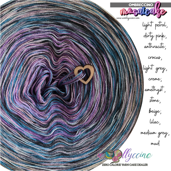 Mosaicake Mini 6 ply light petrol,
dirty pink, anthracite; crocus, light grey, creme; amethyst, stone, beige; lilac, medium grey, mud