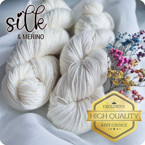 Luxurious undyed 4 ply weight, 25% mulberry silk, 75% superwash merino (extra fine), 400m/100g, 4/16 NM