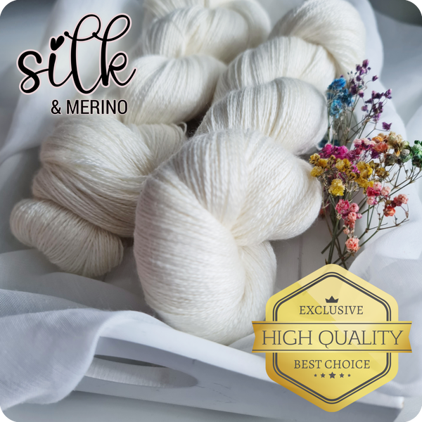 Luxurious undyed lace weight yarn, 25% mulberry silk, 75% superwash merino (extra fine), 800m/100g, 2/16 NM
