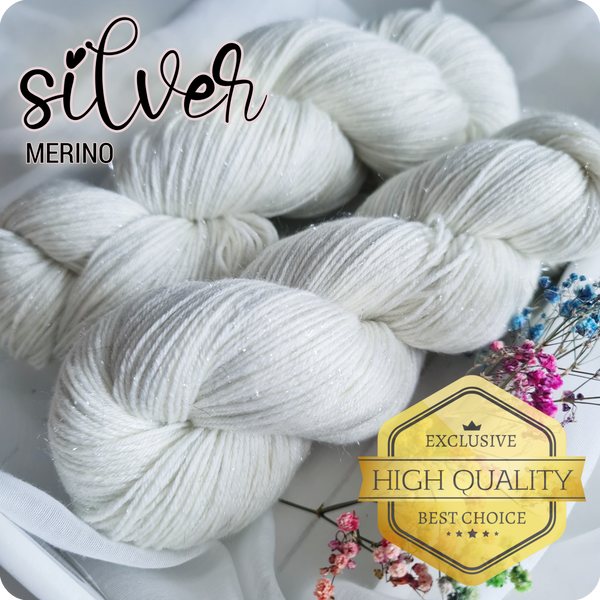 Luxurious undyed 4 ply yarn, 75% superwash merino (extra fine), 15% nylon, 10% silver stellina, 400m/100g, 4/16 NM