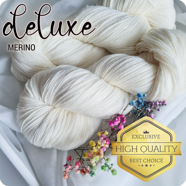 Deluxe undyed 4 ply weight yarn,  85% superwash merino (extra fine), 15% nylon, 400m/100g, 4/16 NM