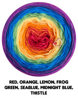 Ombreccino red, orange, lemon, frog green, seablue, midnight blue, thistle