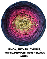 Ombreccino swirl lemon, fuchsia, thistle, purple, midnight blue + black