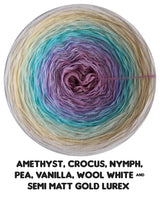 Ombreccino amethyst, crocus, nymph, pea, vanilla, wool white & semi matt gold lurex