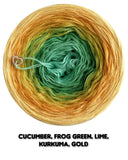 Ombreccino cucumber, frog green, lime, kurkuma, gold