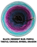Ombreccino black, midnight blue, purple, thistle, crocus, riviera, dragon
