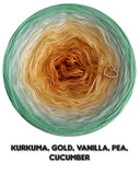 Ombreccino kurkuma, gold, vanilla, pea, cucumber
