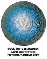 Ombreccino wool white, dragonfly, capri, light petrol, peppermint, medium grey