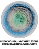 Ombreccino pistachio, pea, light grey, stone, capri, dragonfly, wool white