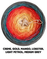 Ombreccino creme, gold, mango, lobster, light petrol, medium grey