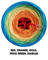Ombreccino red, orange, gold, frog green, seablue