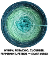 Ombreccino nymph, pistachio, cucumber, peppermint, petrol & silver lurex