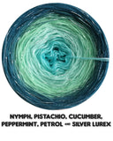 Ombreccino nymph, pistachio, cucumber, peppermint, petrol & silver lurex