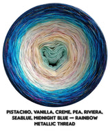 Ombreccino pistachio, vanilla, creme, pea, riviera, seablue, midnight blue & rainbow metallic thread