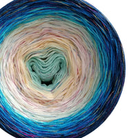 Ombreccino pistachio, vanilla, creme, pea, riviera, seablue, midnight blue & rainbow metallic thread