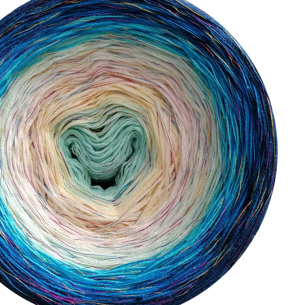 Ombreccino pistachio, vanilla, creme, pea, riviera, seablue, midnight blue & rainbow metallic thread
