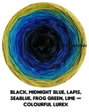 Ombreccino black, midnight blue, lapis, seablue, frog green, lime & colourful lurex